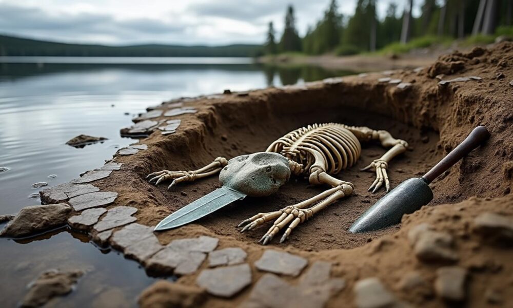 découvrez la découverte fascinante en suède : une sépulture de 5000 ans révélée dans un ancien lac, contenant les restes d'un chien et un poignard mystérieux.